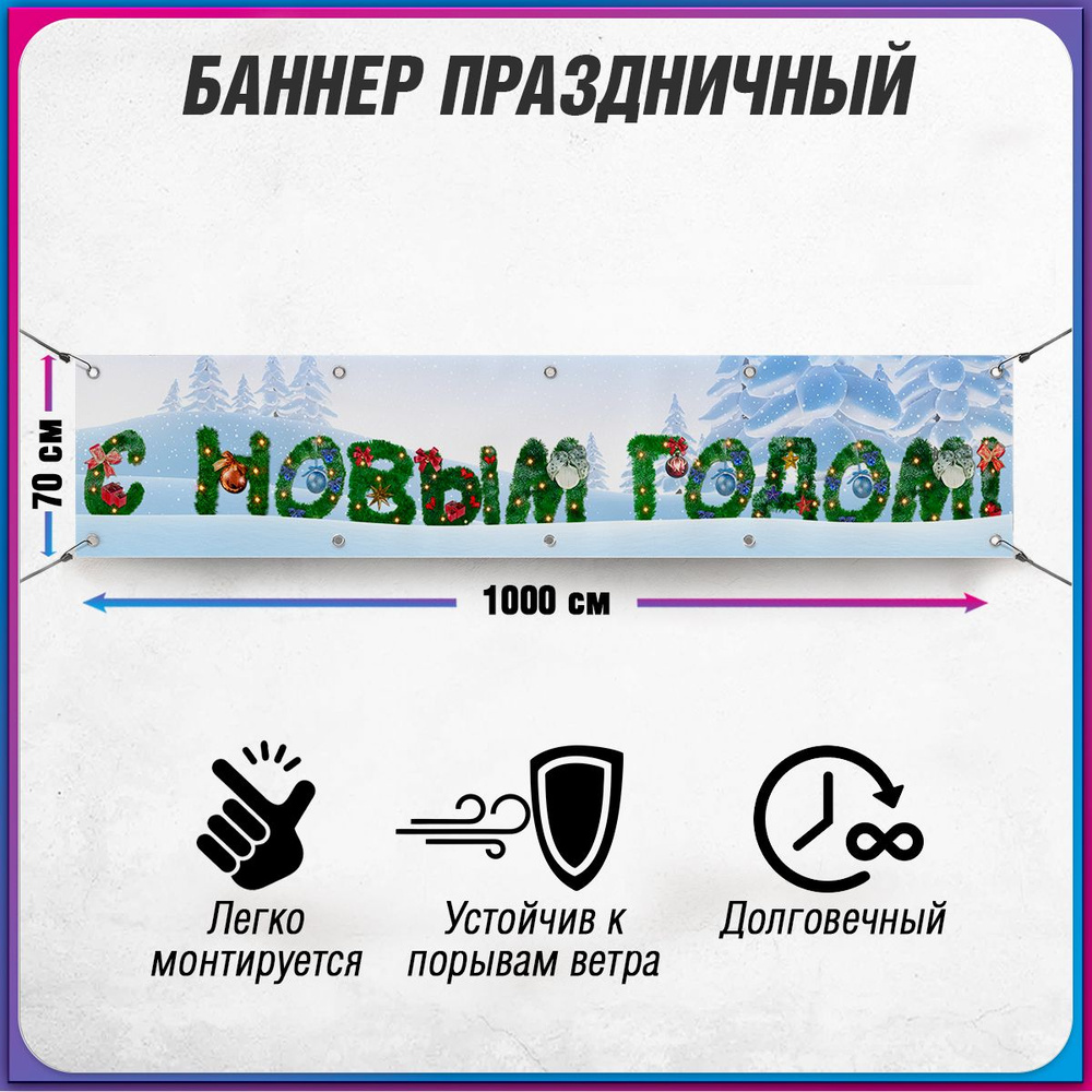 Баннер С новым годом / Растяжка на праздник Нового года и Рождества / 10x0.7 м.  #1