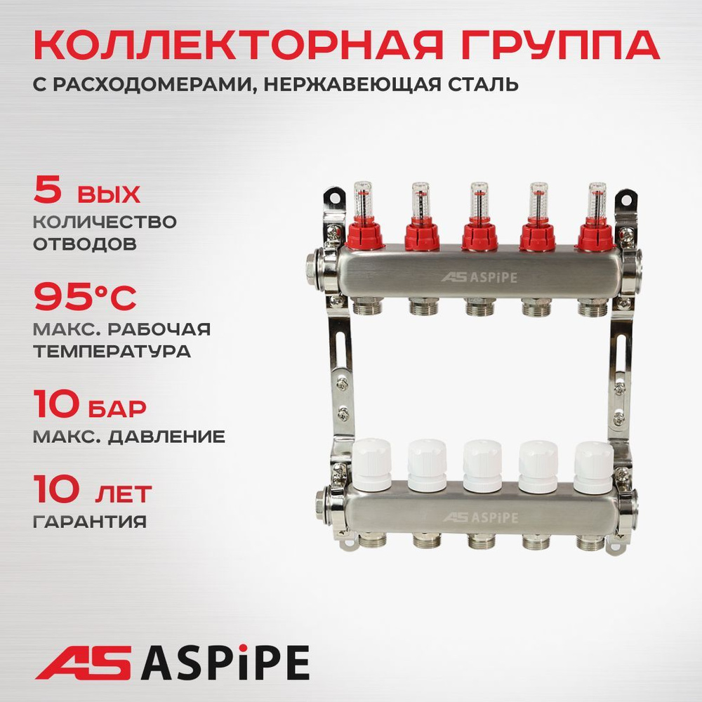 Коллекторная группа ASPiPE (AS-K004) 1"x3/4" на 5 выходов с расходомерами, нержавеющая сталь  #1