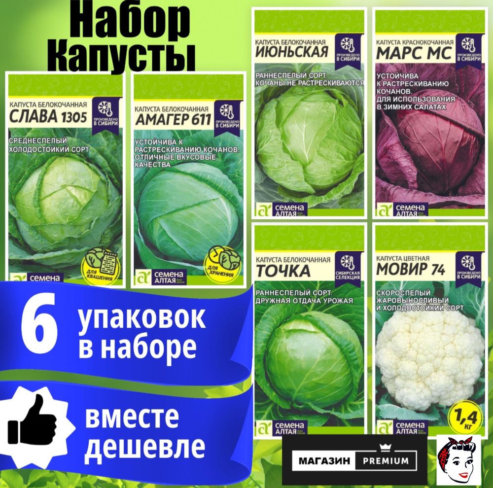 Набор Семян Капуста 6 упаковок (Слава 1305, Амагер 611, Июньская, Марс МС, Точка, Мовир 74) - Семена #1