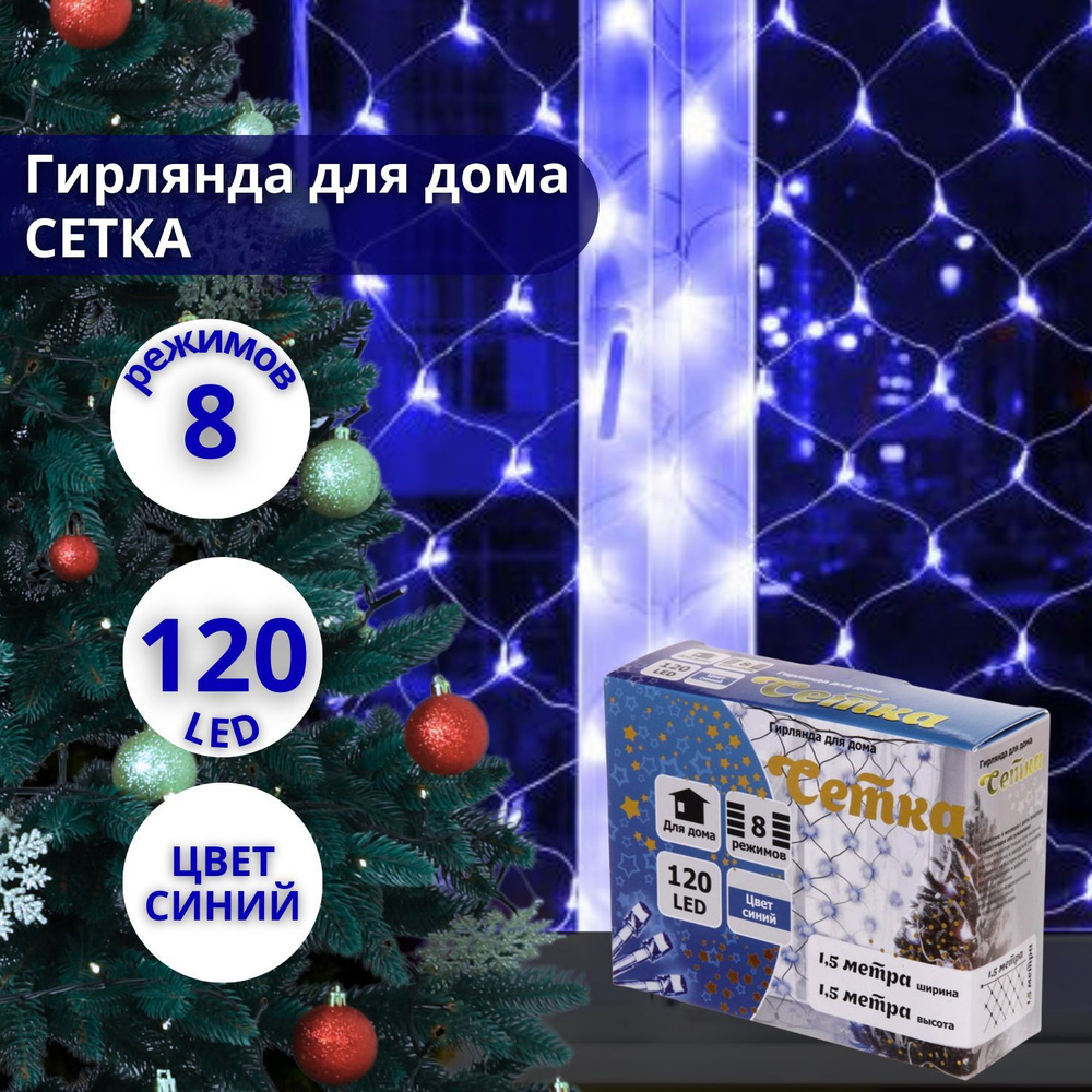 Гирлянда для дома Сетка 1,5м*1,5м цвет синий арт. 183-402 #1