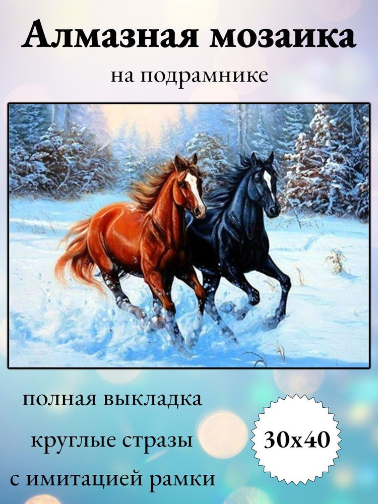 Алмазная мозаика,алмазная живопись на подрамнике 30х40 Картина стразами "Лошади на снегу"  #1