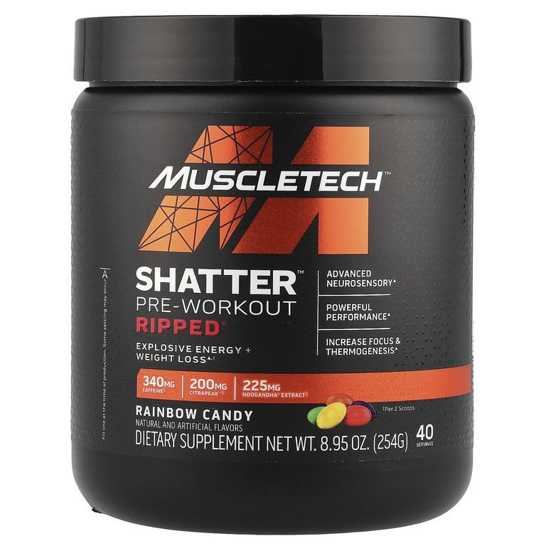 MuscleTech Shatter Pre-Workout, Ripped, радужные конфеты, 254 г (8,95 унции) из США  #1