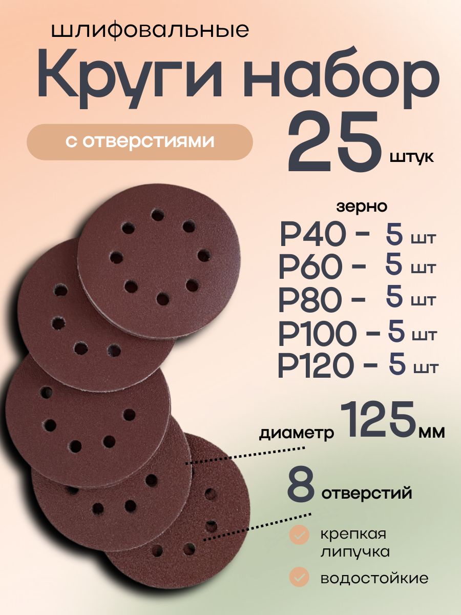 125ммP40,P60,P80,P100,P120.25штук.Кругшлифовальный(Набор)налипучкесотверстиями