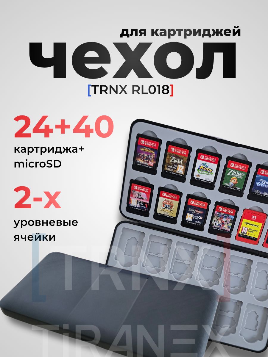 TRNXкейс-органайзердлякартриджейNintendoSwitchRL018на24картриджаи40microSD,чёрный