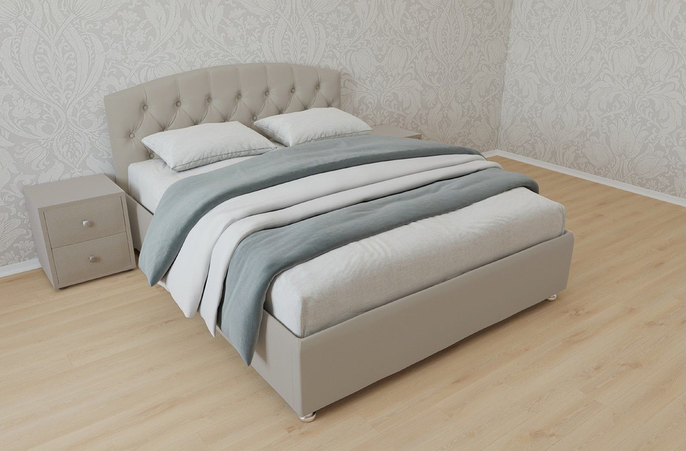 Двуспальная кровать Берлин с матрасом 140x200 основание металлическое с ламелями велюр бежевый без ножек #1