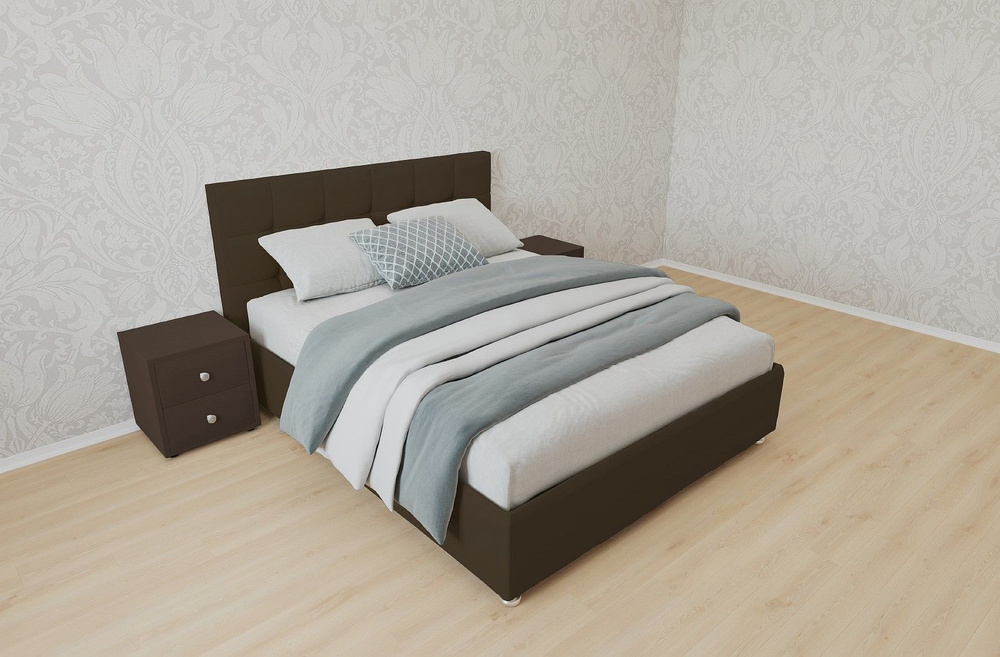Двуспальная кровать Афина с матрасом 140x200 основание металлическое с ламелями велюр коричневый ножки #1