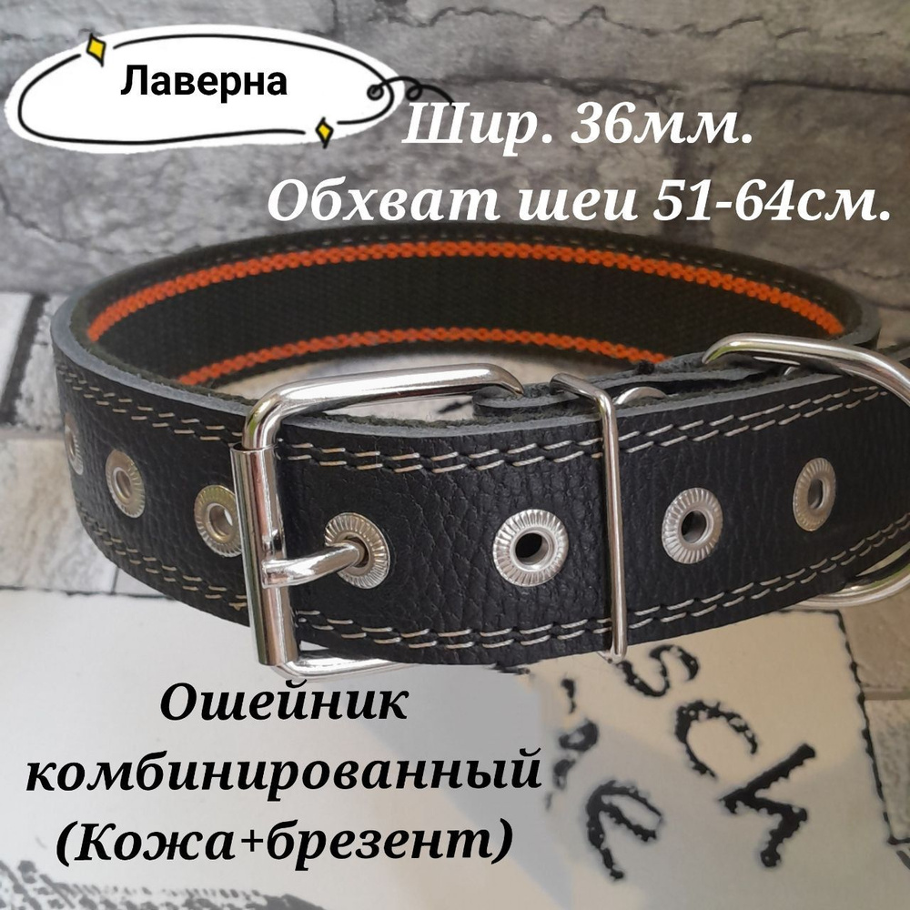 Ошейник для собак комбинированный кожа+брезент. Ширина 36мм. Обхват шеи 51-64см.  #1