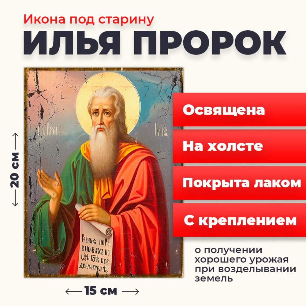 Освященная икона под старину Илии Пророка на холсте", 20*15 см  #1