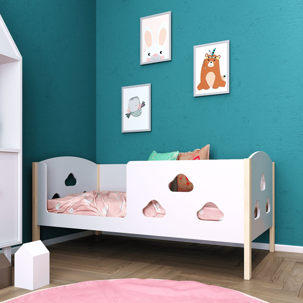Кровать детская с бортиком 160х80, БазисВуд,"Малышка Облачка", вход слева, ножки массив сосны, цвет натуральное #1