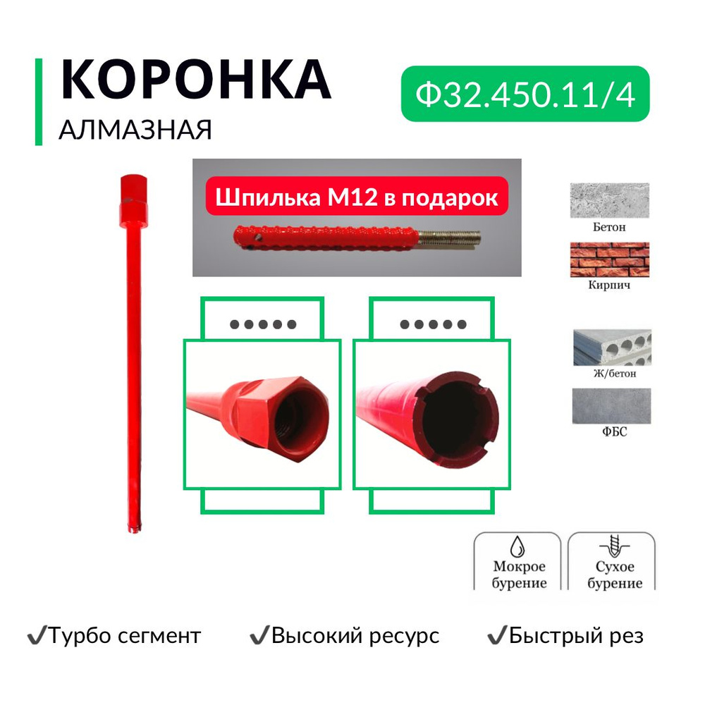 Коронка алмазная по бетону, диаметр 32 мм, кольцевой сегмент быстрый рез  #1