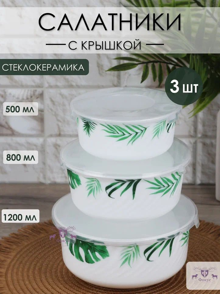 Набор салатников "Папоротник" с крышками 3 шт (500мл, 800 мл, 1200мл)  #1