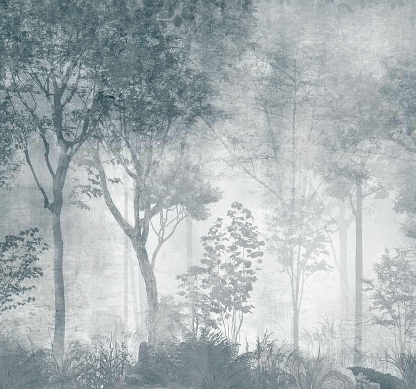 Фотообои флизелиновые на стену 3д GrandPik 10319 Лофт "Лес, деревья в тумане, винтаж, синий" (ШхВ), 300х280 #1