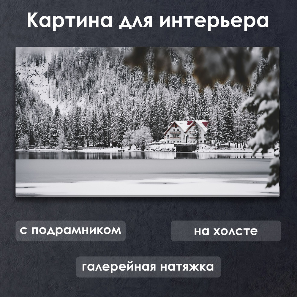 Картина для интерьера с подрамником на холсте на стену Дом у озера в снежном лесу  #1