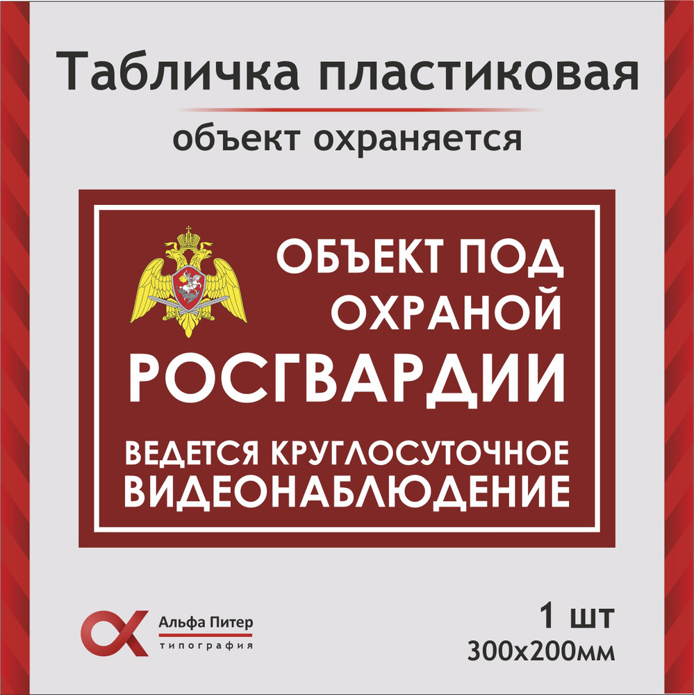 Табличка информационная "Объект под охраной росгвардии. Ведется видеонаблюдение", 30х20 см  #1