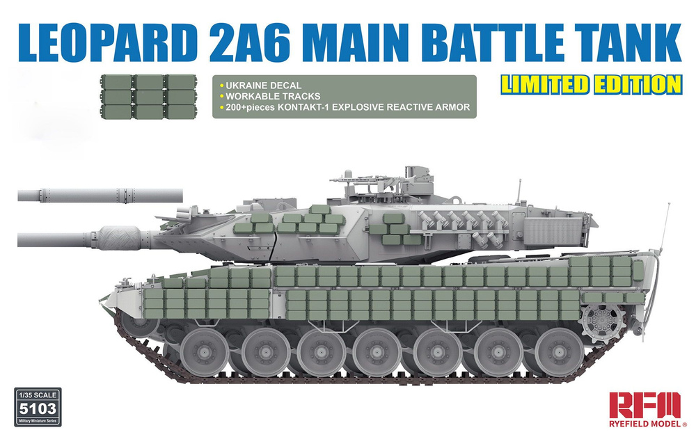 Сборная модель танка Leopard 2A6 Main Battle Tank with Ukraine decal/ Kontakt-1ERA/workable tracks, масштаб #1