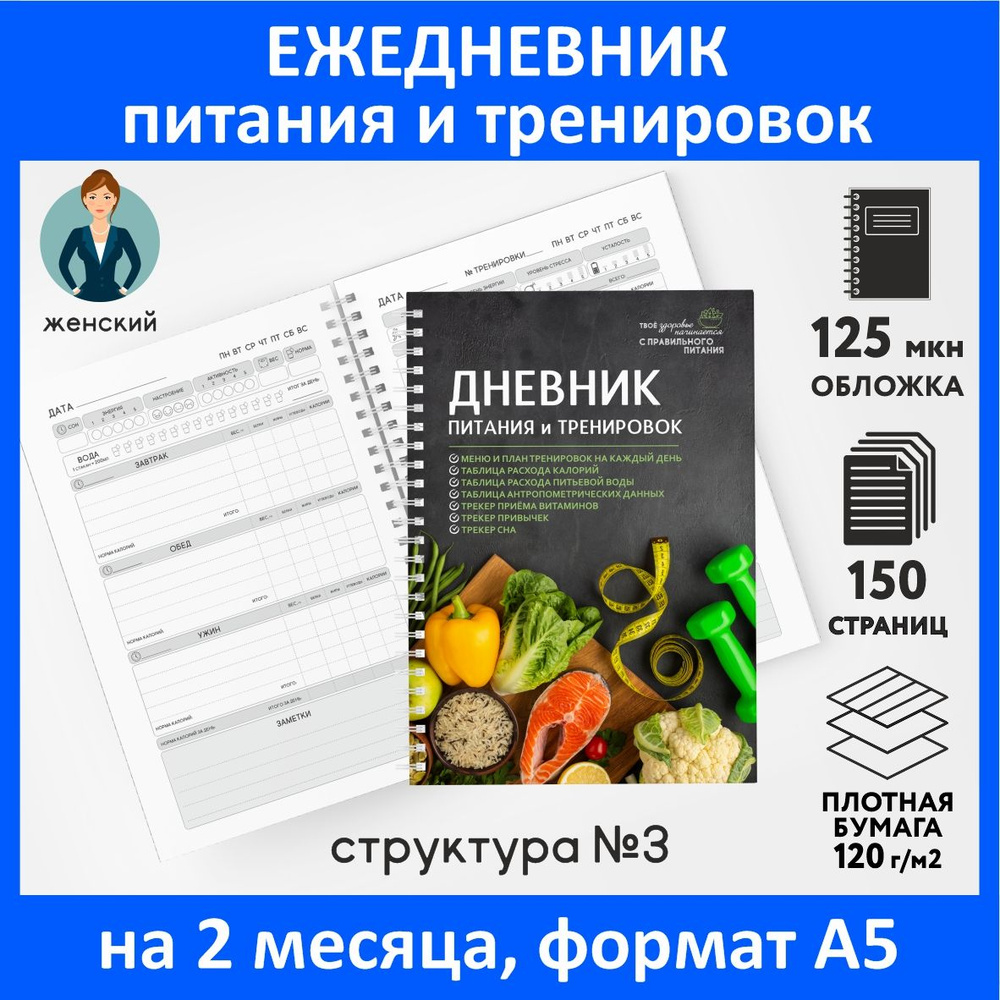 Дневник-планер (ежедневник) питания и тренировок для похудения А5, на 2 месяца, 150 страниц, контроль-счётчик #1