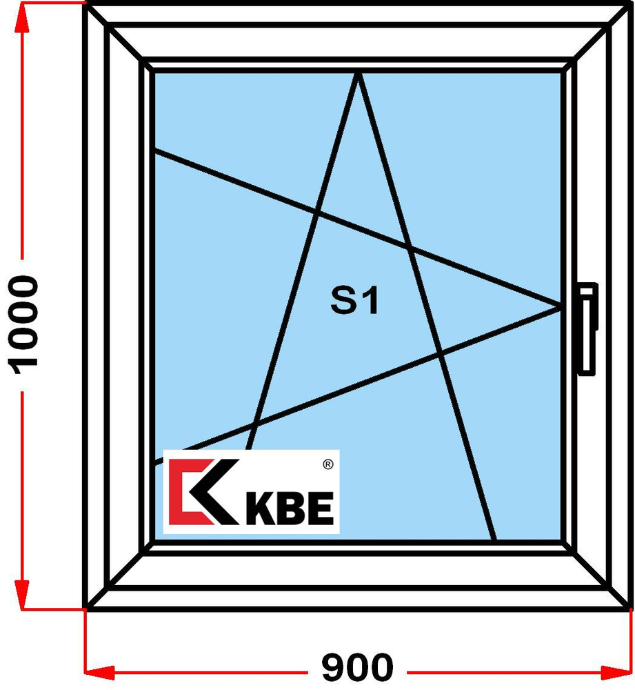 Окно пластиковое KBE 58 мм (1000 x 900), с поворотно-откидной створкой, стеклопакет из 2х стекол, левое #1