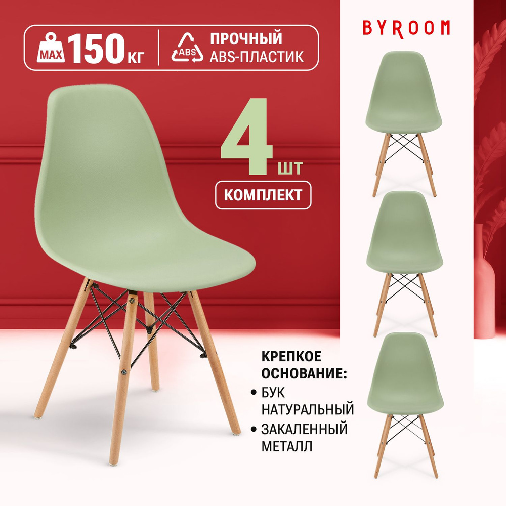 Стулья для кухни обеденные со спинкой BYROOM Home FIKA VC1001W-M-4.  Комплект из 4 шт. пластиковых светло-зеленых стульев для дома с деревянными  ножками - купить с доставкой по выгодным ценам в интернет-магазине OZON (