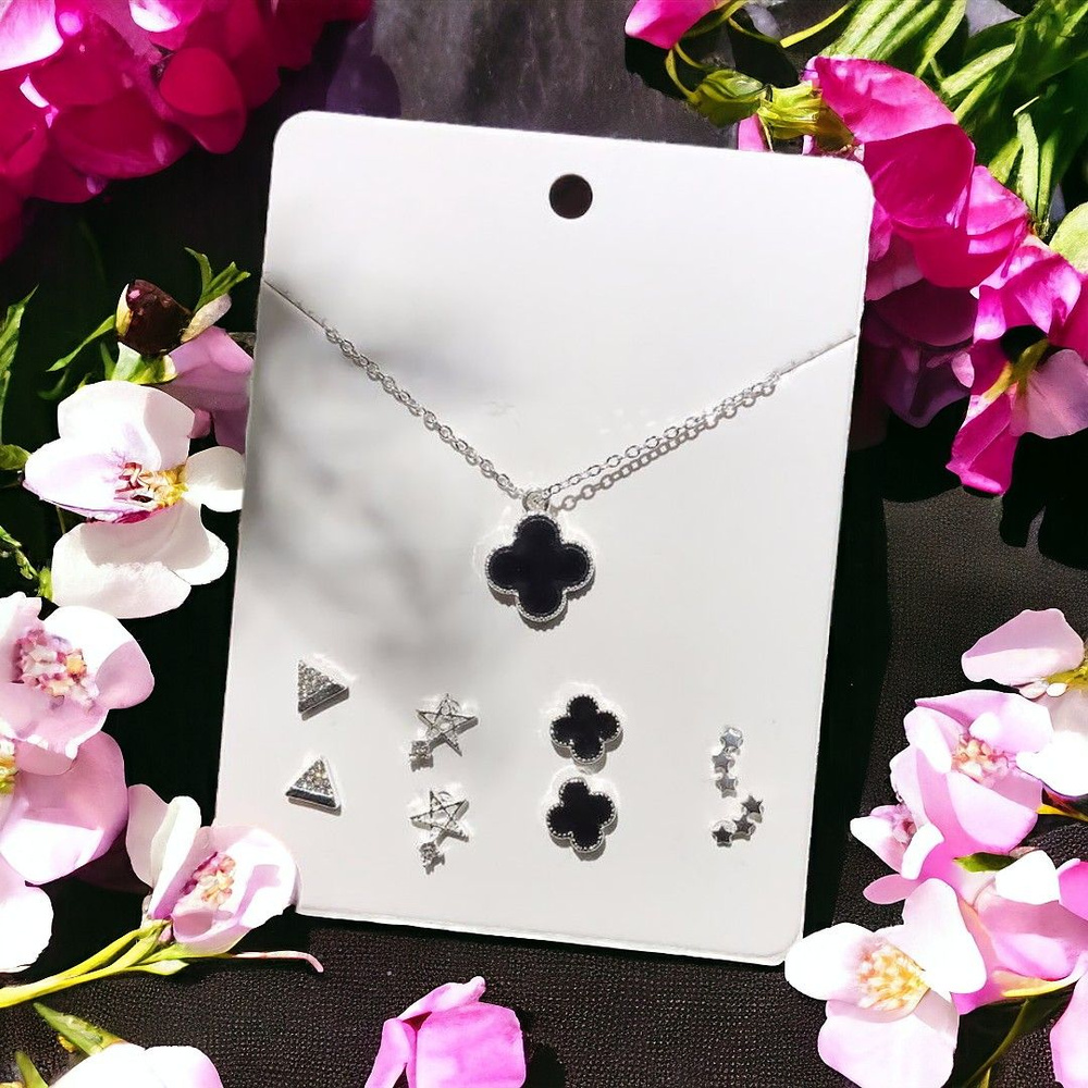 Комплект украшений женский: цепочка и серьги - черный клевер и звезды, набор сережек и подвеска ожерелье #1