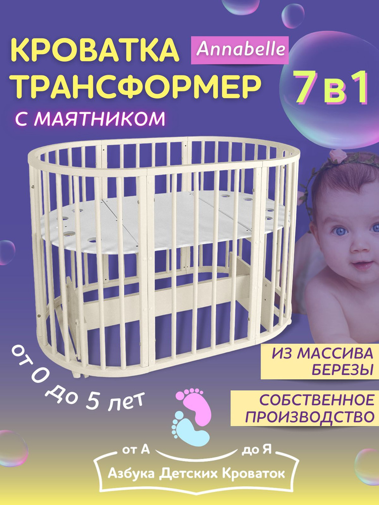 Азбука Кроваток, Кровать детская для новорожденных с маятником Annabell, трансформер 7в1, круглая люлька #1