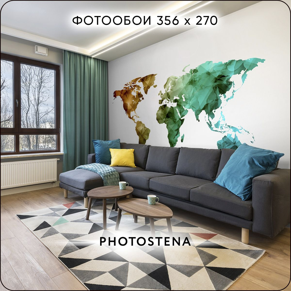 Фотообои на стену флизелиновые встык PHOTOSTENA Карта мира 3,56 x 2,7 м 9,61 м2, обои для кухни моющиеся #1