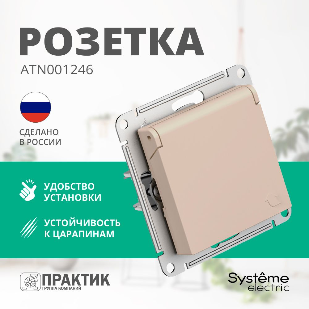 Розетка с крышкой AtlasDesign Systeme Electric с заземлением со шторками Песочный (бежевый матовый) ATN001246 #1