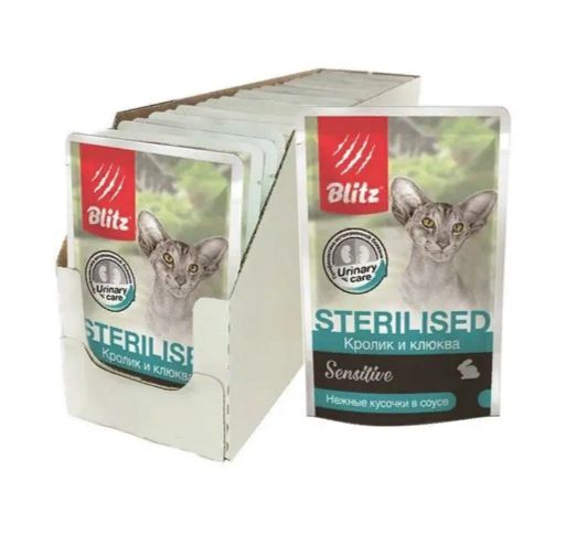 Влажный корм для стерилизованных кошек и кастрированных котов Blitz Кролик с клюквой в соусе, 85 г х #1