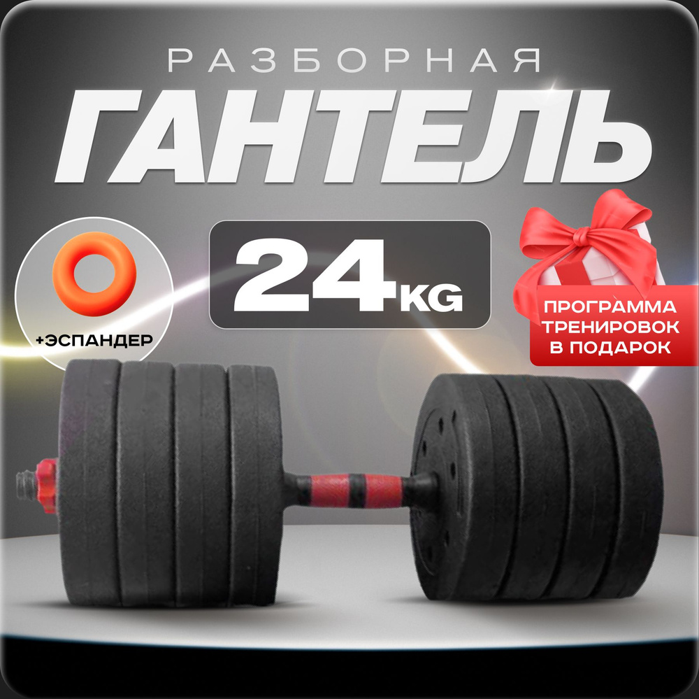Гантель разборная 24 кг для фитнеса 1 шт. Гантели - трансформер, черный, красный цвет, для тренировок. #1