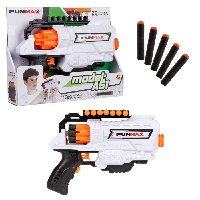 1toy Funmax "A51" бластер электрич., барабан на 6 выстрелов, в компл. 16 EVA снарядов, белый  #1