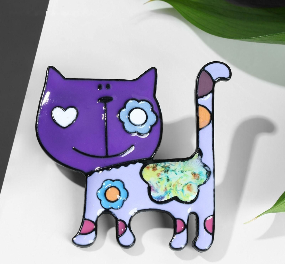Брошь мультяшная Кот весёлый, цвет фиолетовый в чёрном металле  #1
