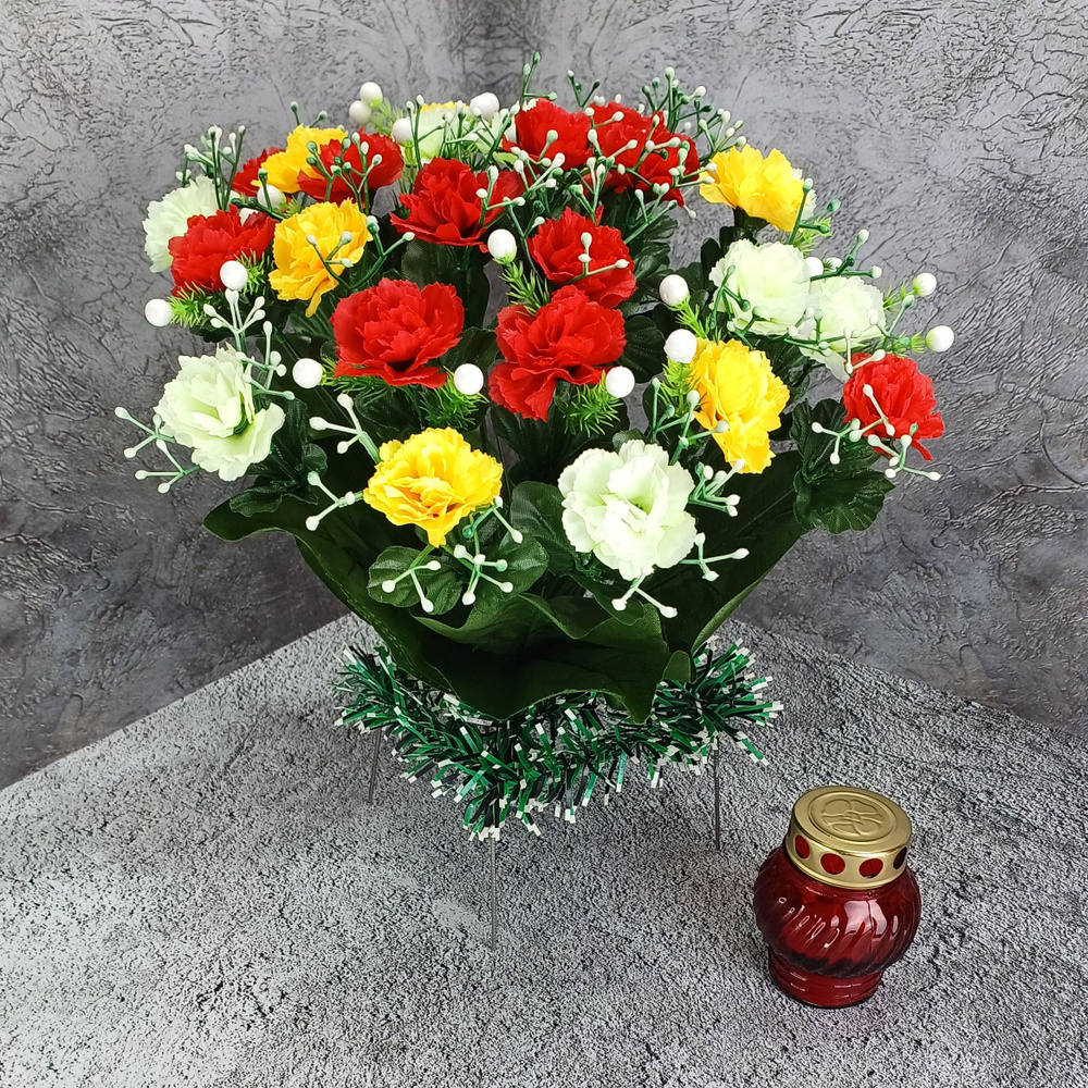 Искусственные цветы на кладбище / Корзина ритуальная "Гвоздика" с неугасимой лампадой  #1