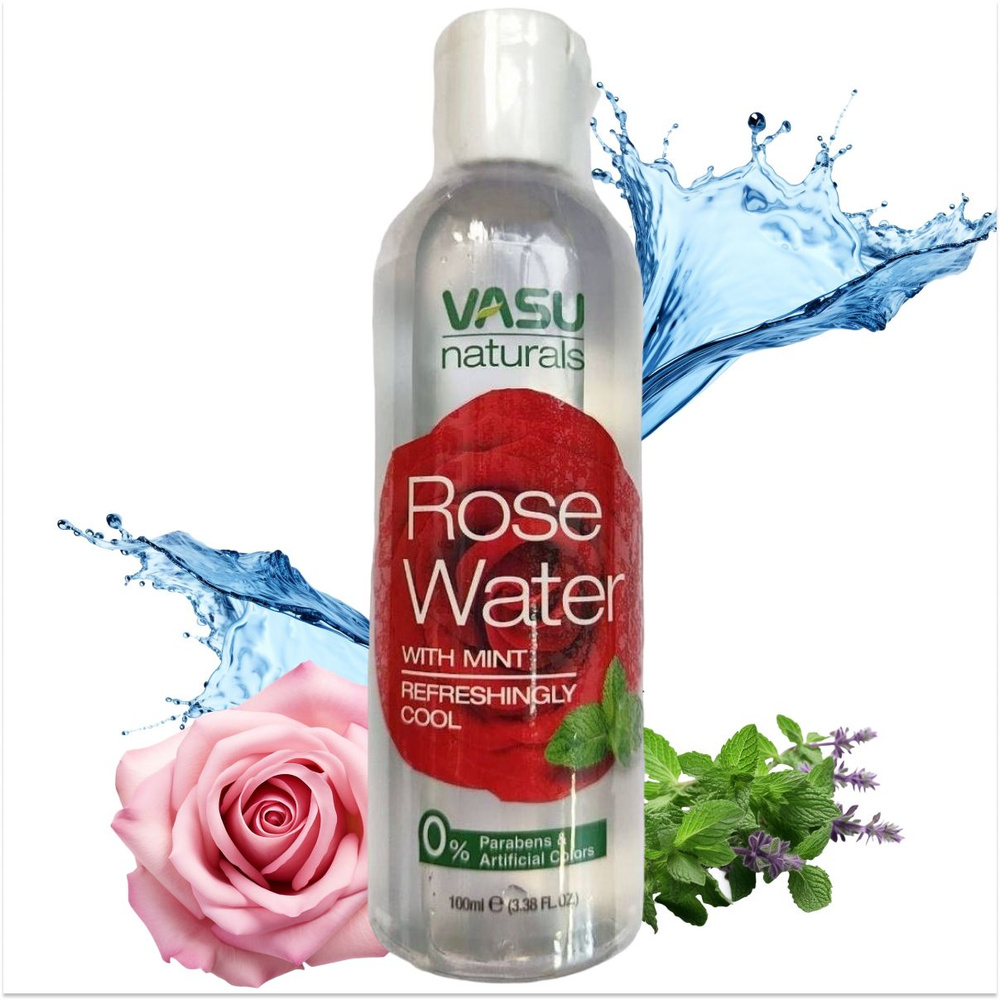 Розовая вода Vasu с мятой, освежающая и охлаждающая (Rose water with mint) флип-топ, 100 мл  #1