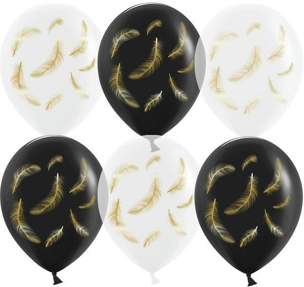 Воздушный шар, размер шарика (12''/30 см) Золотые перья, Черный/Прозрачный, кристалл, 5 ст, 25 шт. набор #1