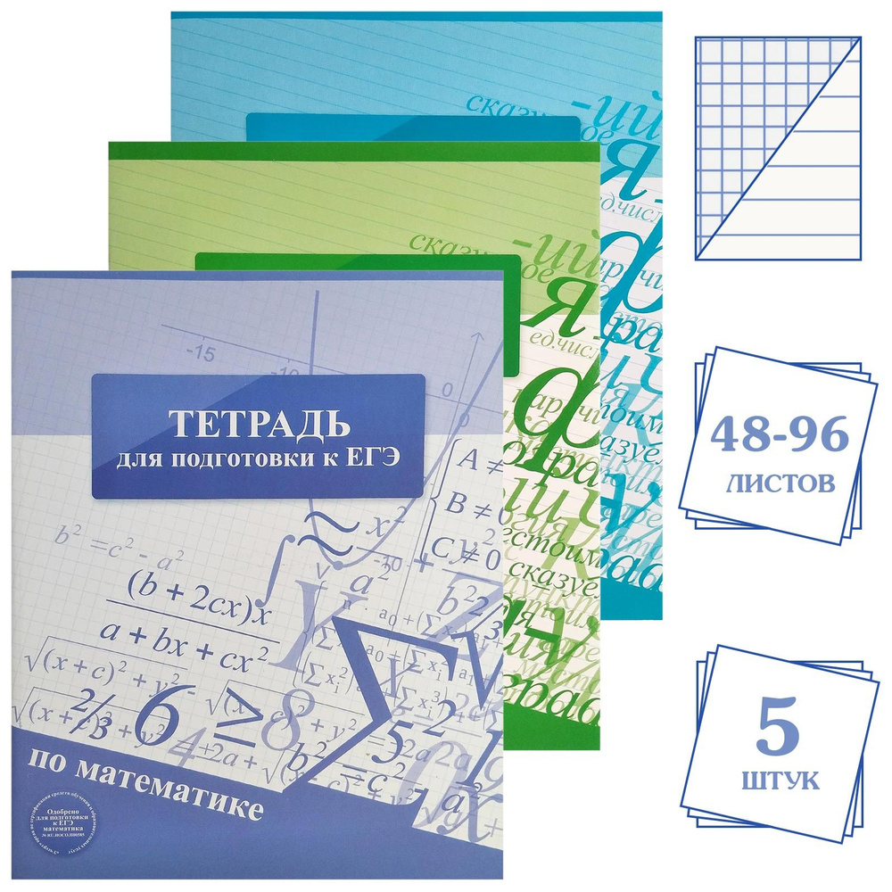 Набор тетрадей для подготовки к ЕГЭ 48-96 листов, математика и русский язык, картонная обложка, 5 штук #1