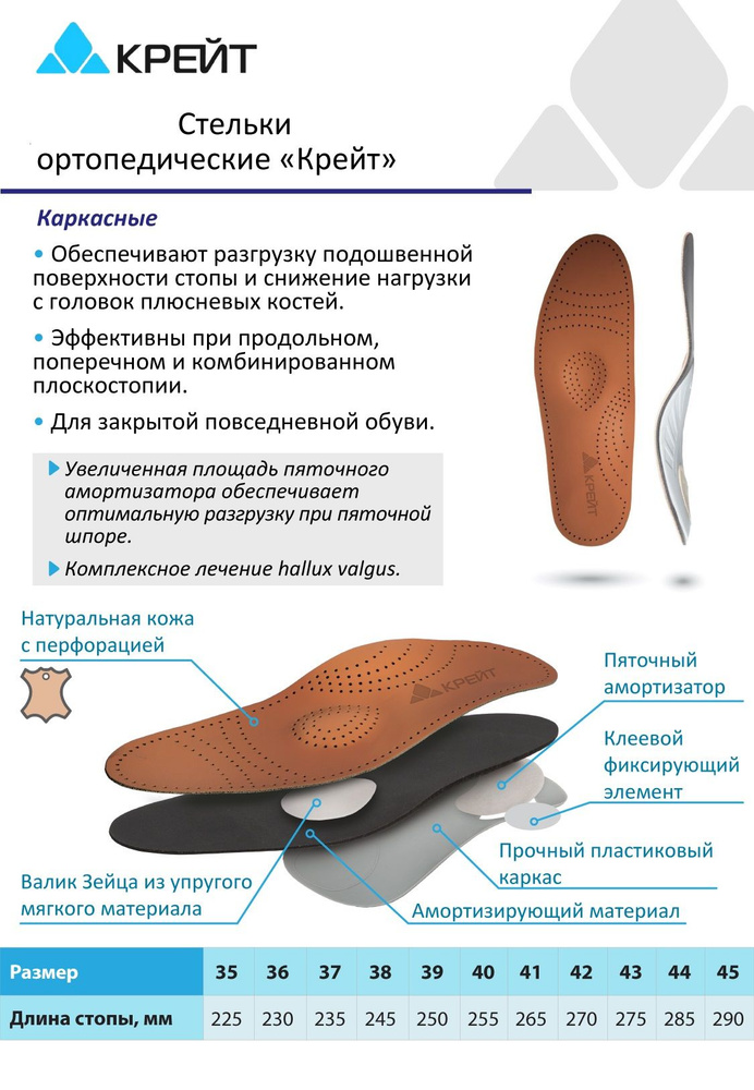 Стельки ортопедические кожаные, каркасные при пяточной шпоре и плоскостопии, Крейт, №39  #1