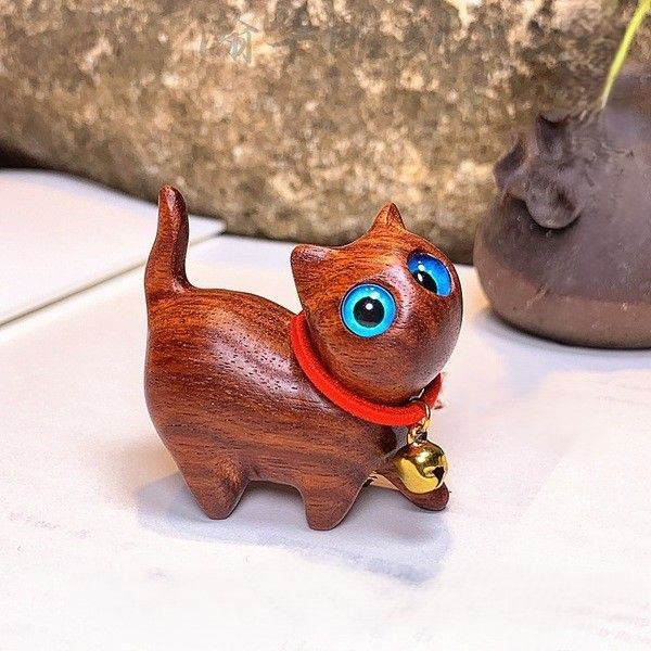 Декоративная деревянная фигурка котик с колокольчиком, 4 см  #1
