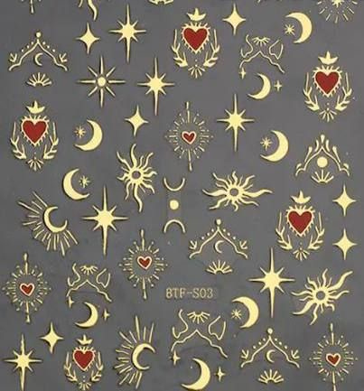 Слайдеры наклейки для ногтей / маникюра золотые: сердечки, ромбики, звезды, луна, месяц, минимализм  #1