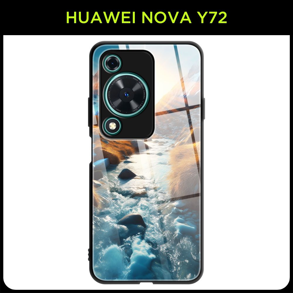 Стеклянный чехол на Huawei Nova Y72 / Хуавей Нова Y72 с принтом "Закат над горной рекой"  #1