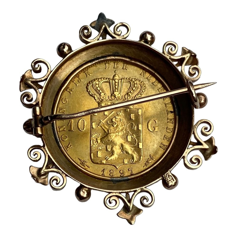 Золотая брошь с монетой 10 Гульденов 1897 г., Нидерланды, 1990-2000 гг., Россия  #1
