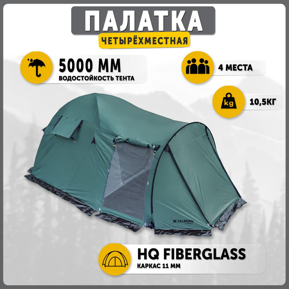 Палатка туристическая кемпинговая Talberg BLANDER 4, цвет: зеленый  #1