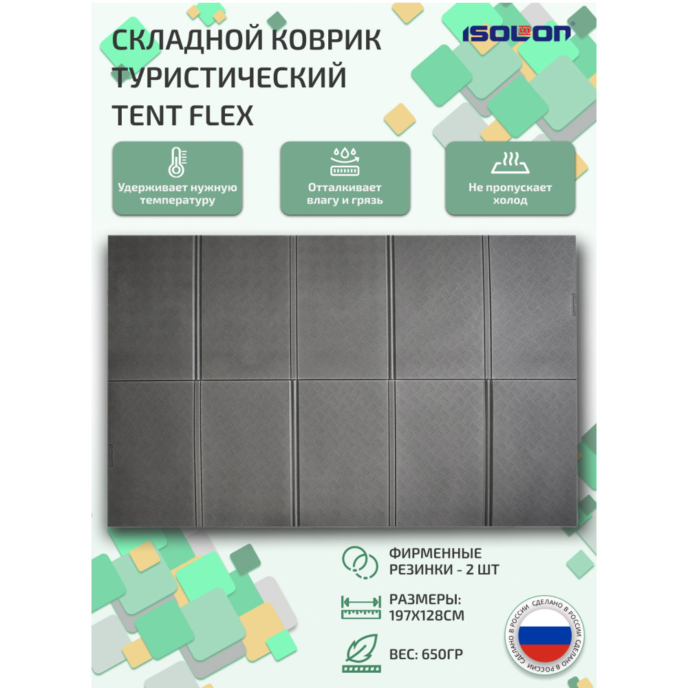 Коврик туристический складной Tent Flex 8, 197х128 см, серый (широкий, не промокает, дно в палатку, для #1