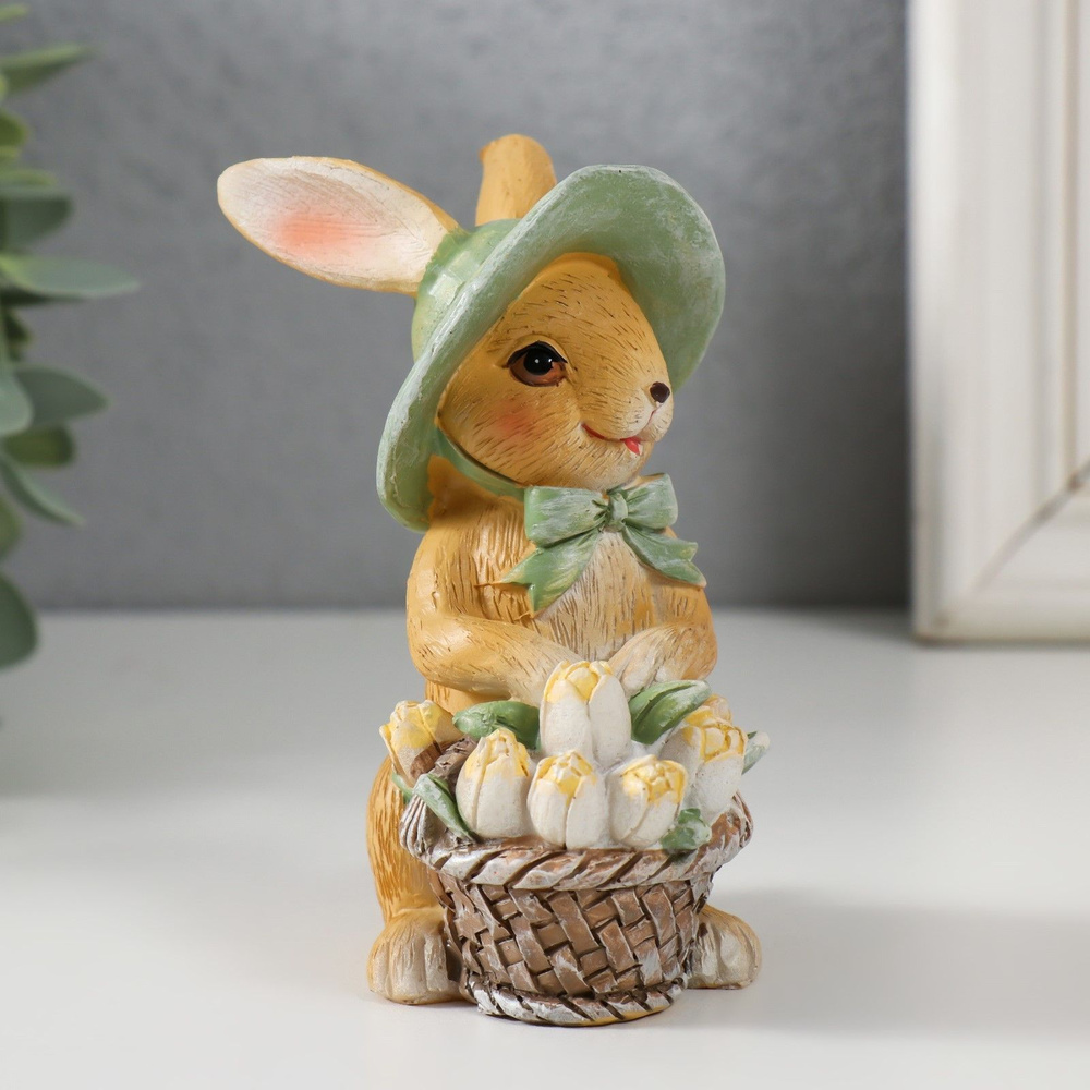Сувенир статуэтка пасхальная заяц кролик в шляпе с цветами 10 см  #1
