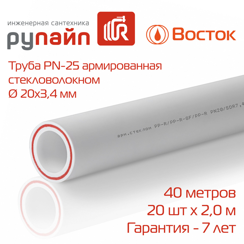 Труба полипропиленовая 20 х 3,4 мм, PN-25, армированная стекловолокном, 20 отрезков по 2 метра, Восток, #1