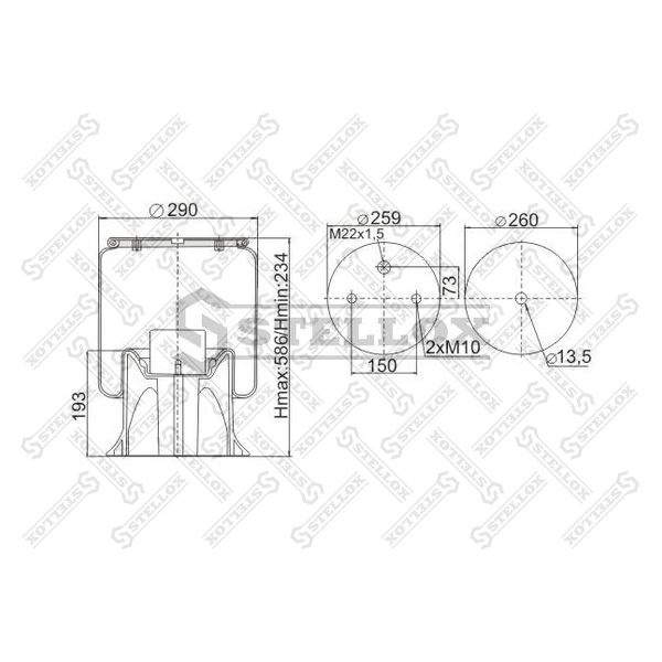 Пневмоподушка без стак. 2отв.M12 1отв-шт.M22 Н:1отв.M12 Schmitz,Weweler STELLOX 90-81860-SX, oem 751065S #1