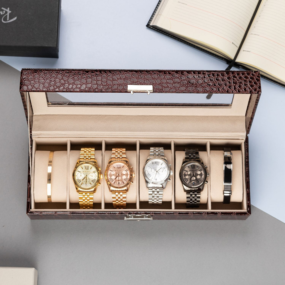 CLOX box / Шкатулка для часов, для мужских и женских часов, универсальная, коричневая со стеклом, с текстурой #1