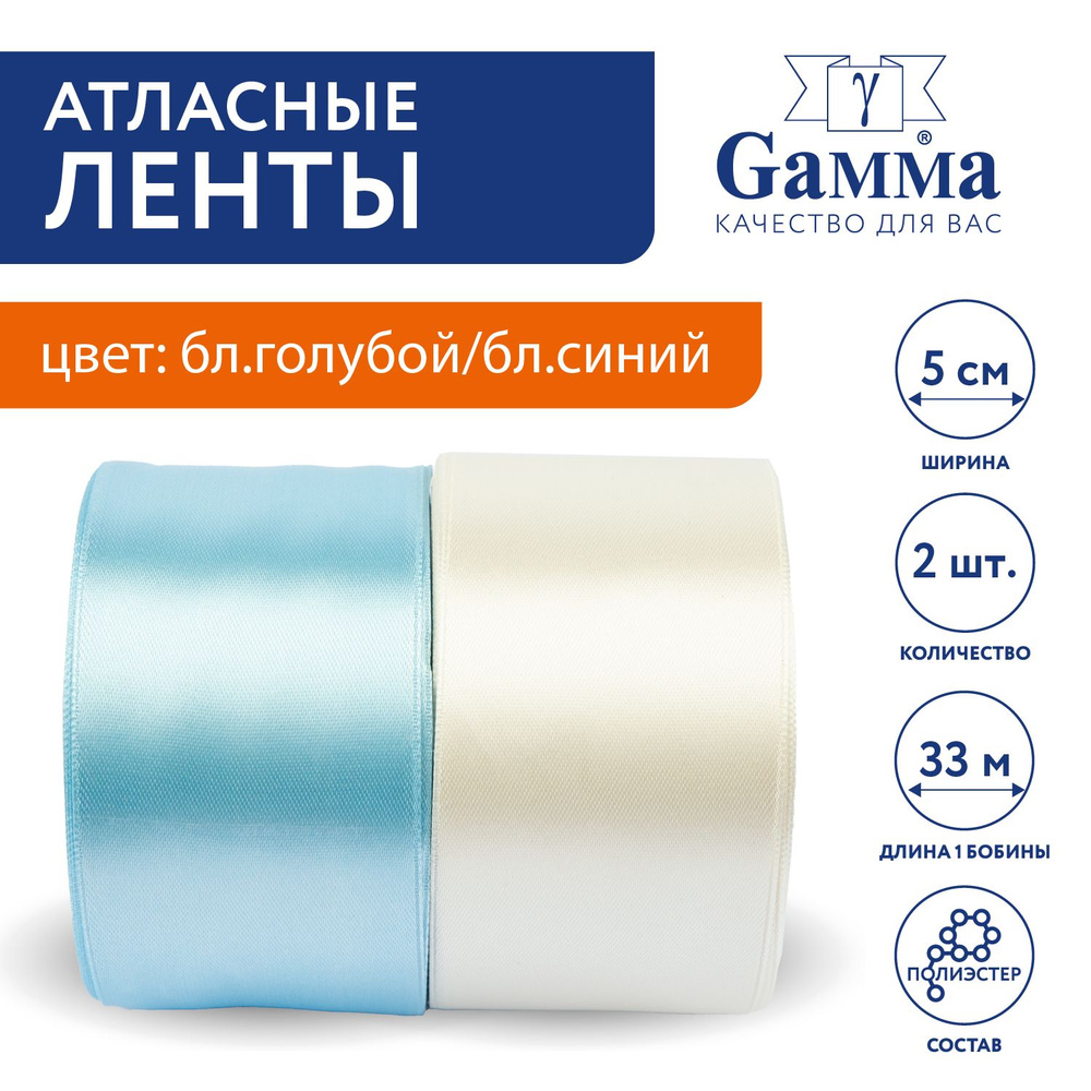 Набор атласных лент из 2 шт "Gamma" SSTG-2, 50 мм, 33 м №08 бл.голубой/бл.синий  #1