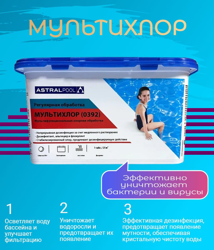 Таблетки мультихлора AstralPool по 250 г / 0392, 1 кг. Химия для бассейнов, для дезинфекции воды  #1