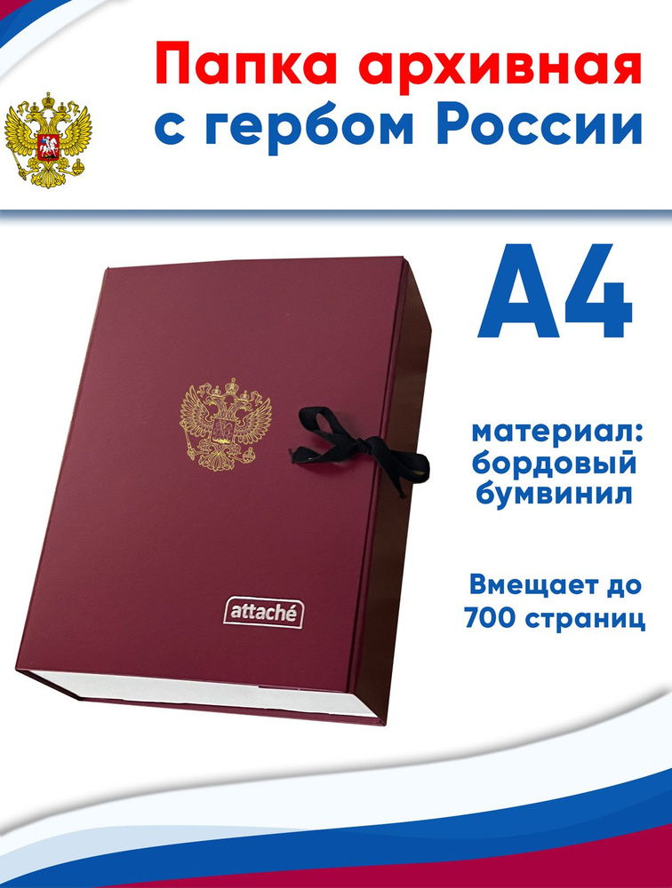 Папка архивная А4 Attache, бумвинил, ширина 7 см, 2 завязки, до 700 стр (с гербом РФ)  #1