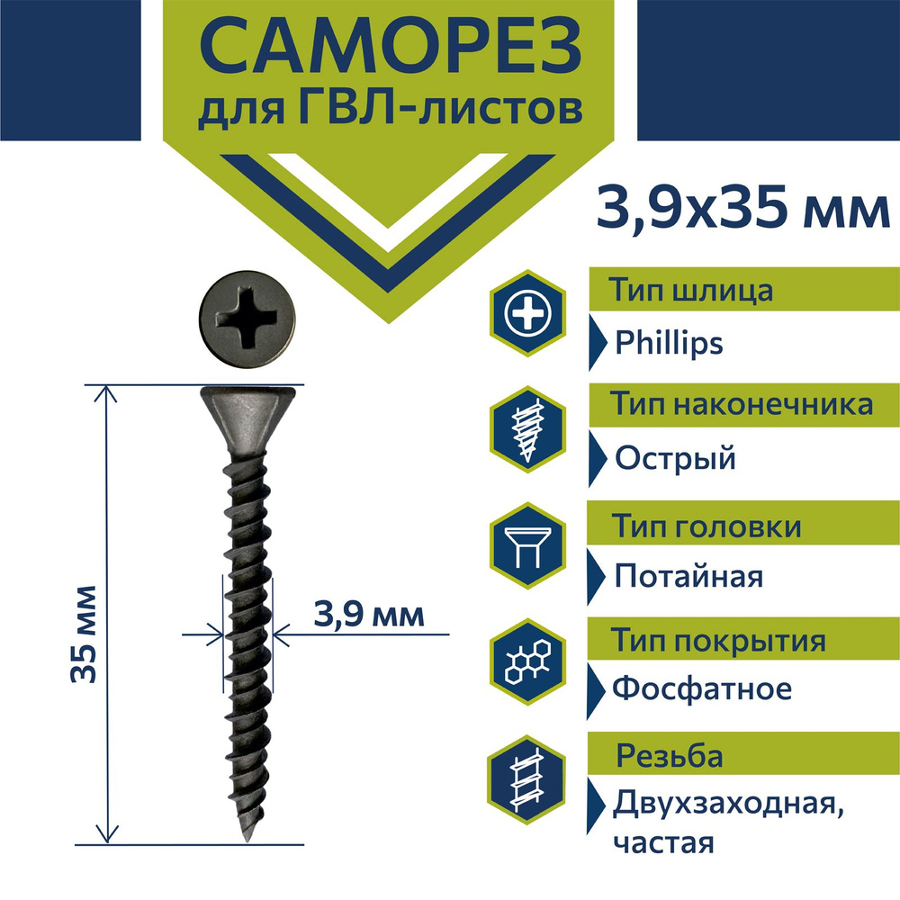 Саморез Rizzel 3,9х35 ГВЛ по дереву и металлу фосфатированный (1000 шт)  #1