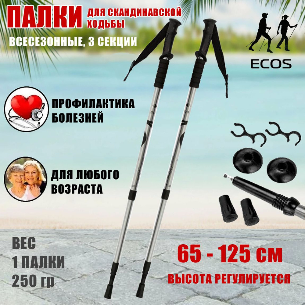 Палки для скандинавской ходьбы всесезонные ECOS Nordic Walking sticks алюминиевые, телескопические с #1